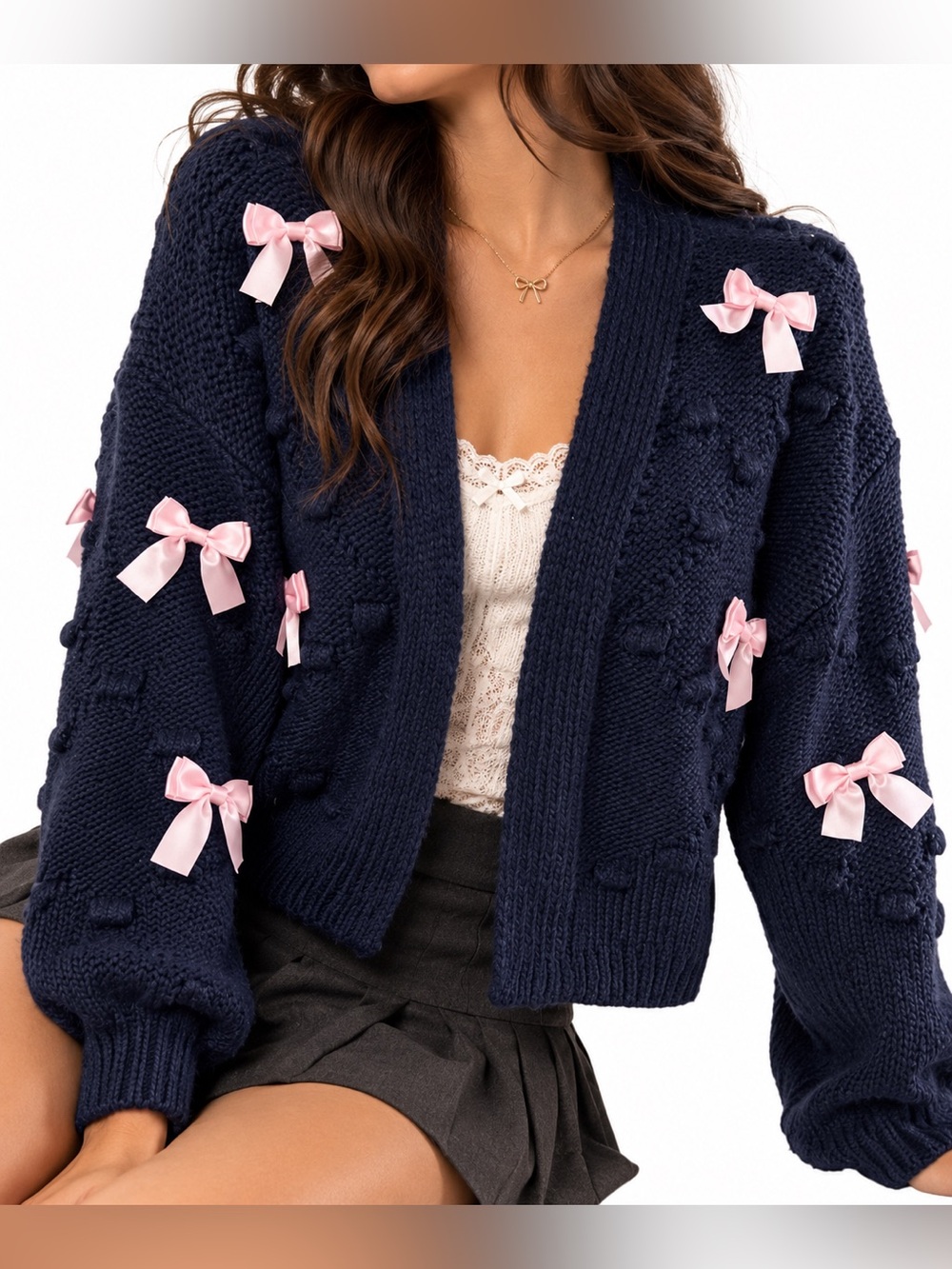Threaded Leaf Navy Pink Bow Cardigan Dark Girly Shōjo Ribboncore Large